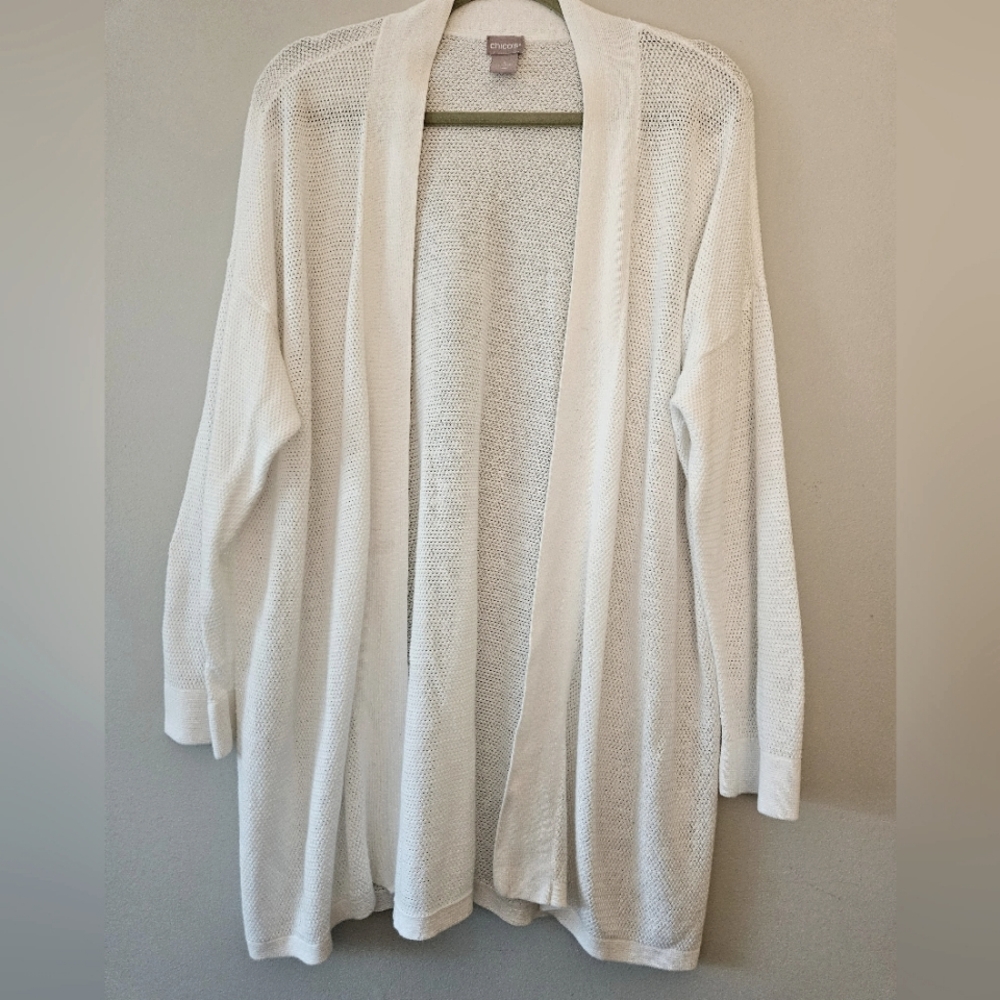 Chico's Linen Cotton Long Cardigan Textured White Lightweight XXL Layering